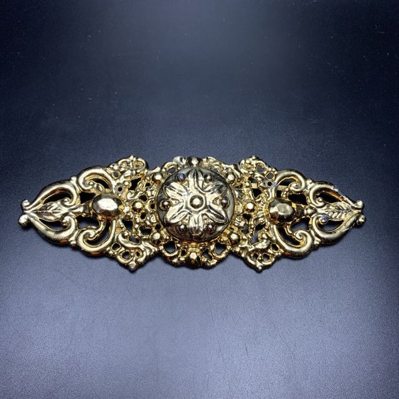 Massive Extra Large Bar Brooch Pin Vintage Gold Tone Open Work Big Double Clasp - Picture 1 of 9